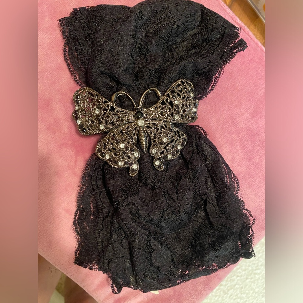 Elegant Black Lace Scarf and Butterfly Hair Barette Set